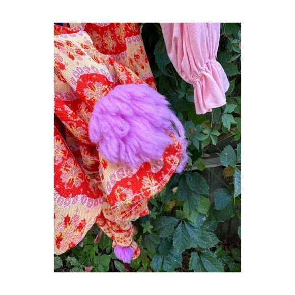 Vintage 70s Handmade Knit Clown Costume PomPoms 2 Hats Pink Red Yellow - Picture 6 of 16